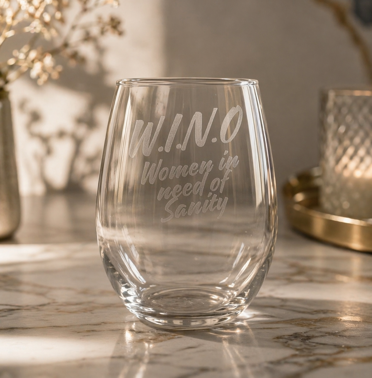 Etched Stemless Wine Glass 20.5oz | W.I.N.O | Deep Carved Sandblasted Glass