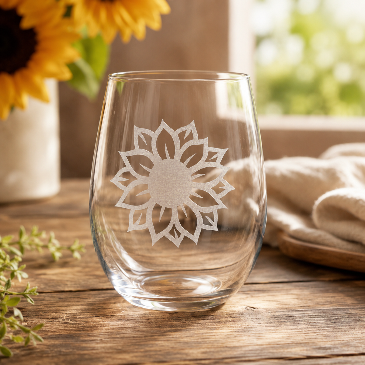 Sunflower Etched Stemless Wine Glass | 20.5 oz