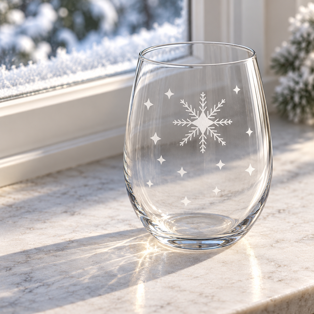 Arctic Lace Whisper Snowflake design, permanently sandblasted on a clear 20.5 oz stemless wine glass, product view 5