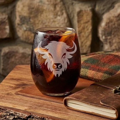 Glass with a drink and ice cubes, featuring an engraved Bison design on a Rustic background