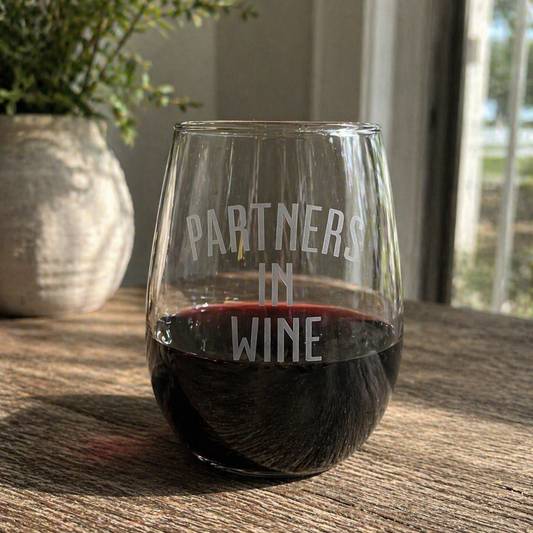 Etched Stemless Wine Glass 20.5oz | Partners in Wine | Deep Carved Sandblasted Glass | Expressive DeZien