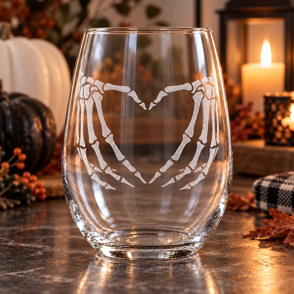 Etched Stemless Wine Glass 20.5oz | Skeleton Love | Deep Carved Sandblasted Glass | Expressive DeZien