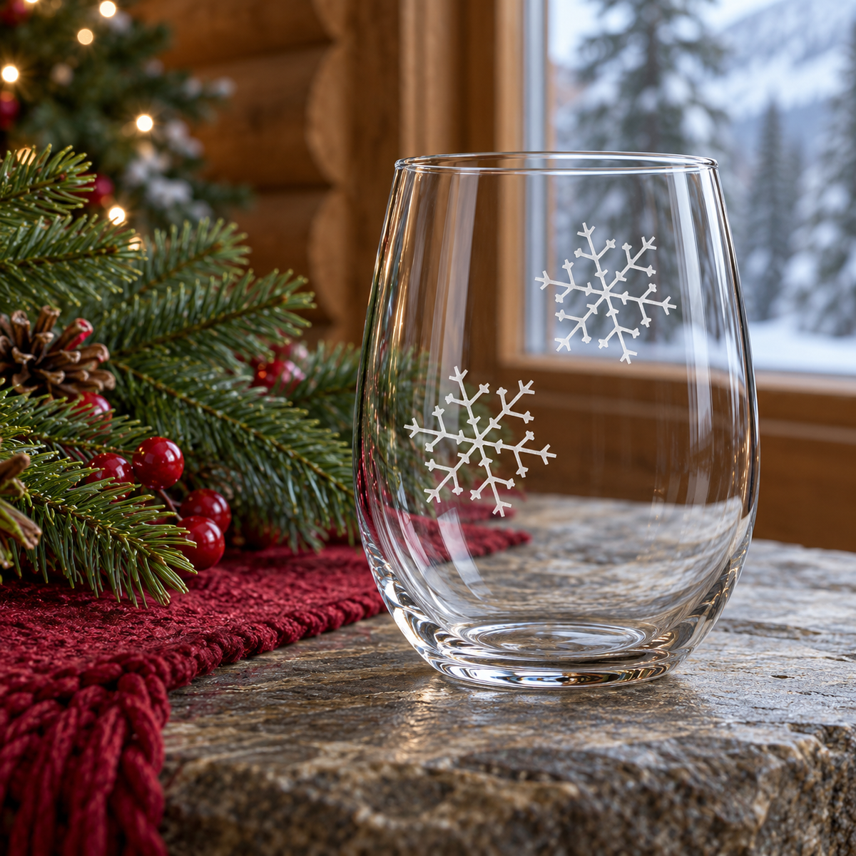 Arctic Elegance Snowflake design, permanently sandblasted on a clear 20.5 oz stemless wine glass, product view 1