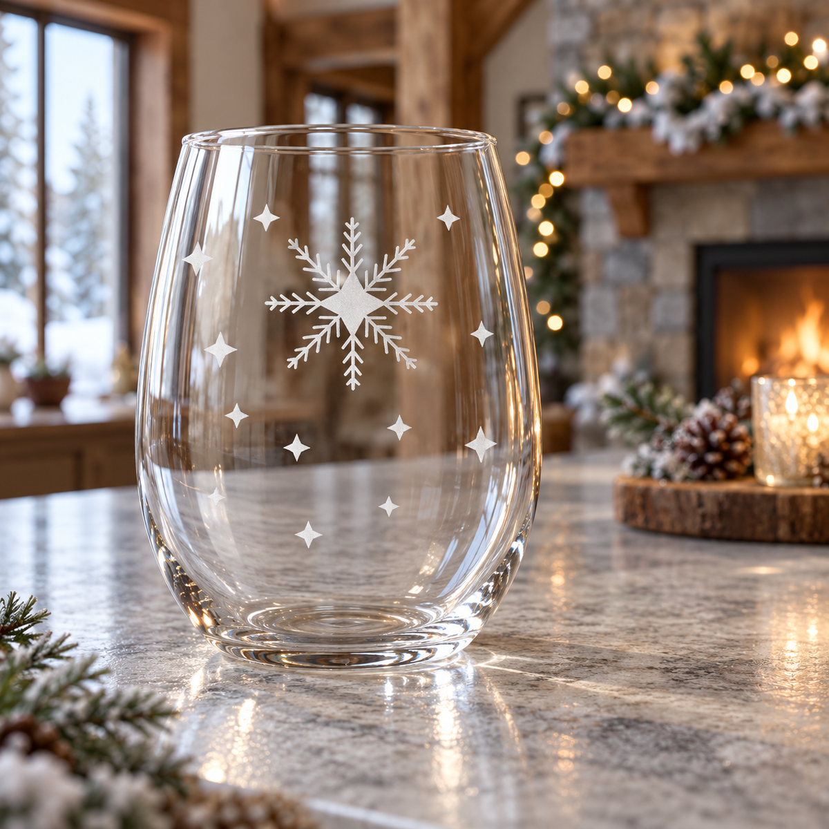 Arctic Lace Whisper Snowflake design, permanently sandblasted on a clear 20.5 oz stemless wine glass, product view 4