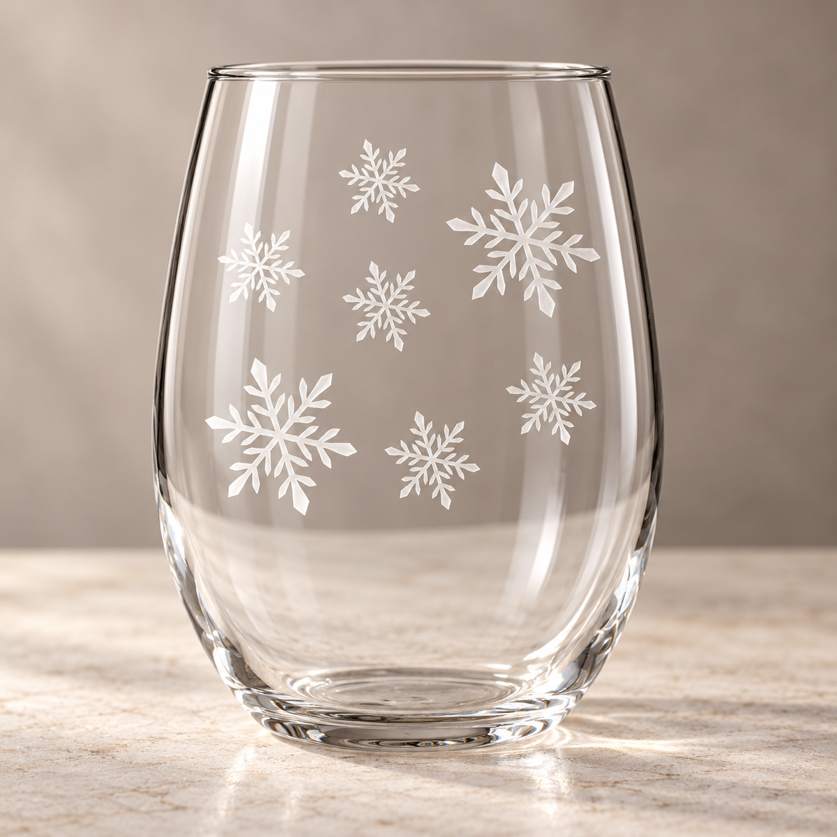 Blizzard Delight Snowflake design, permanently sandblasted on a clear 20.5 oz stemless wine glass, product view 5