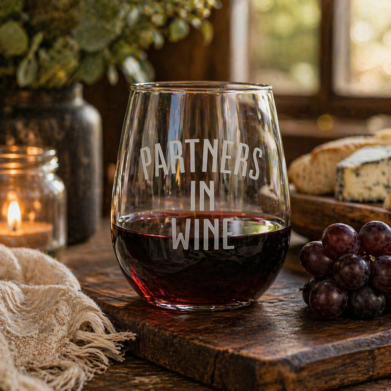 Etched Stemless Wine Glass 20.5oz | Partners in Wine | Deep Carved Sandblasted Glass | Expressive DeZien