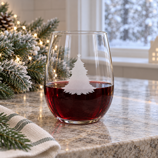 Frosty Flurries Christmas Tree Etched Stemless Wine Glass | 20.5 oz