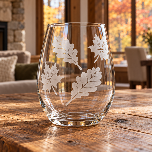 Fall Leaves Etched Stemless Wine Glass by Expressive DeZien with permanent sandblasted artwork