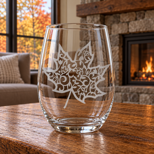 Fall Maple Leaf Etched Stemless Wine Glass by Expressive DeZien with permanent sandblasted artwork