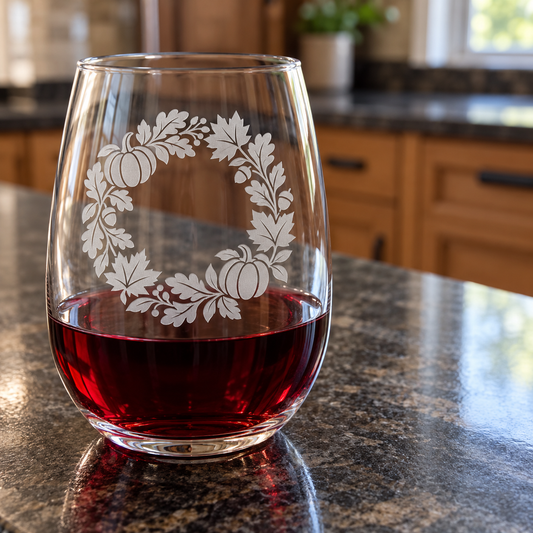Fall Pumpkin Wreath Etched Stemless Wine Glass by Expressive DeZien with permanent sandblasted artwork