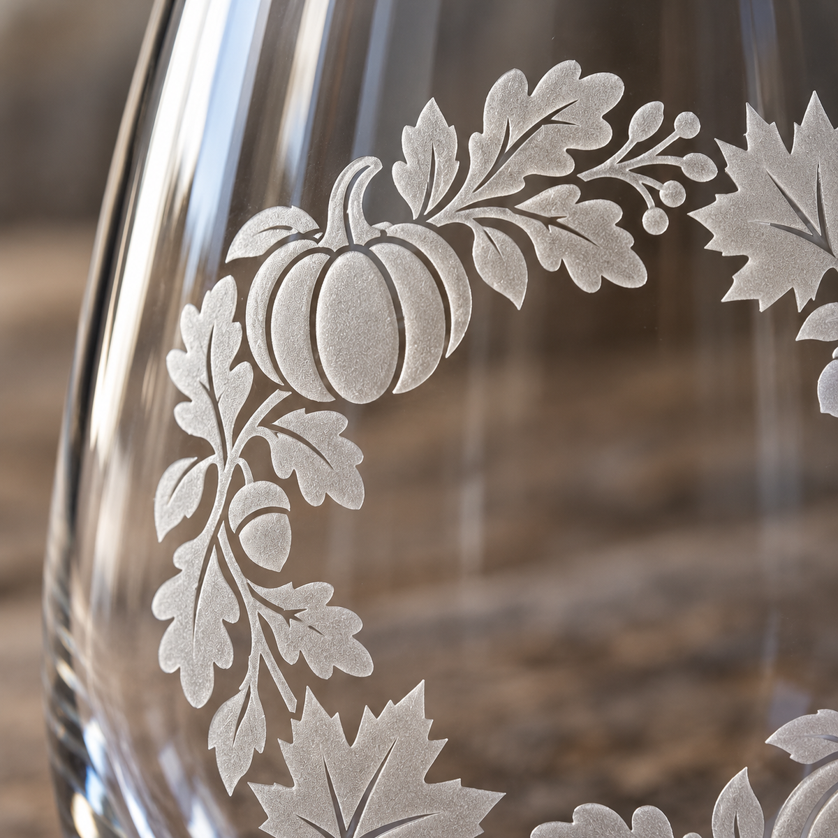Fall Pumpkin Wreath Etched Stemless Wine Glass by Expressive DeZien with permanent sandblasted artwork