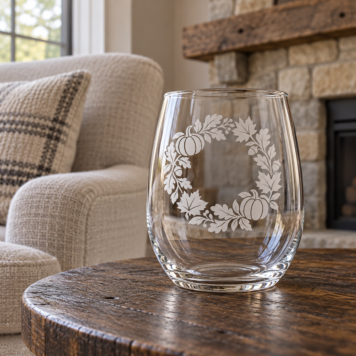 Fall Pumpkin Wreath Etched Stemless Wine Glass by Expressive DeZien with permanent sandblasted artwork