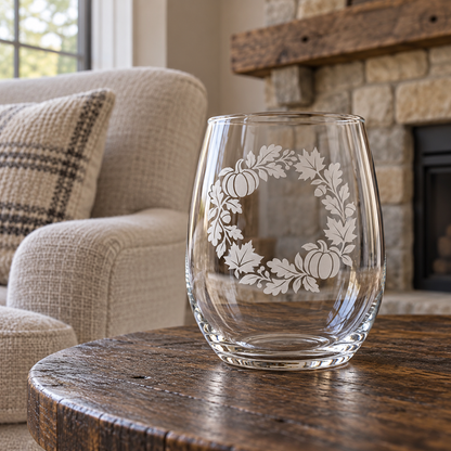 Fall Pumpkin Wreath Etched Stemless Wine Glass by Expressive DeZien with permanent sandblasted artwork