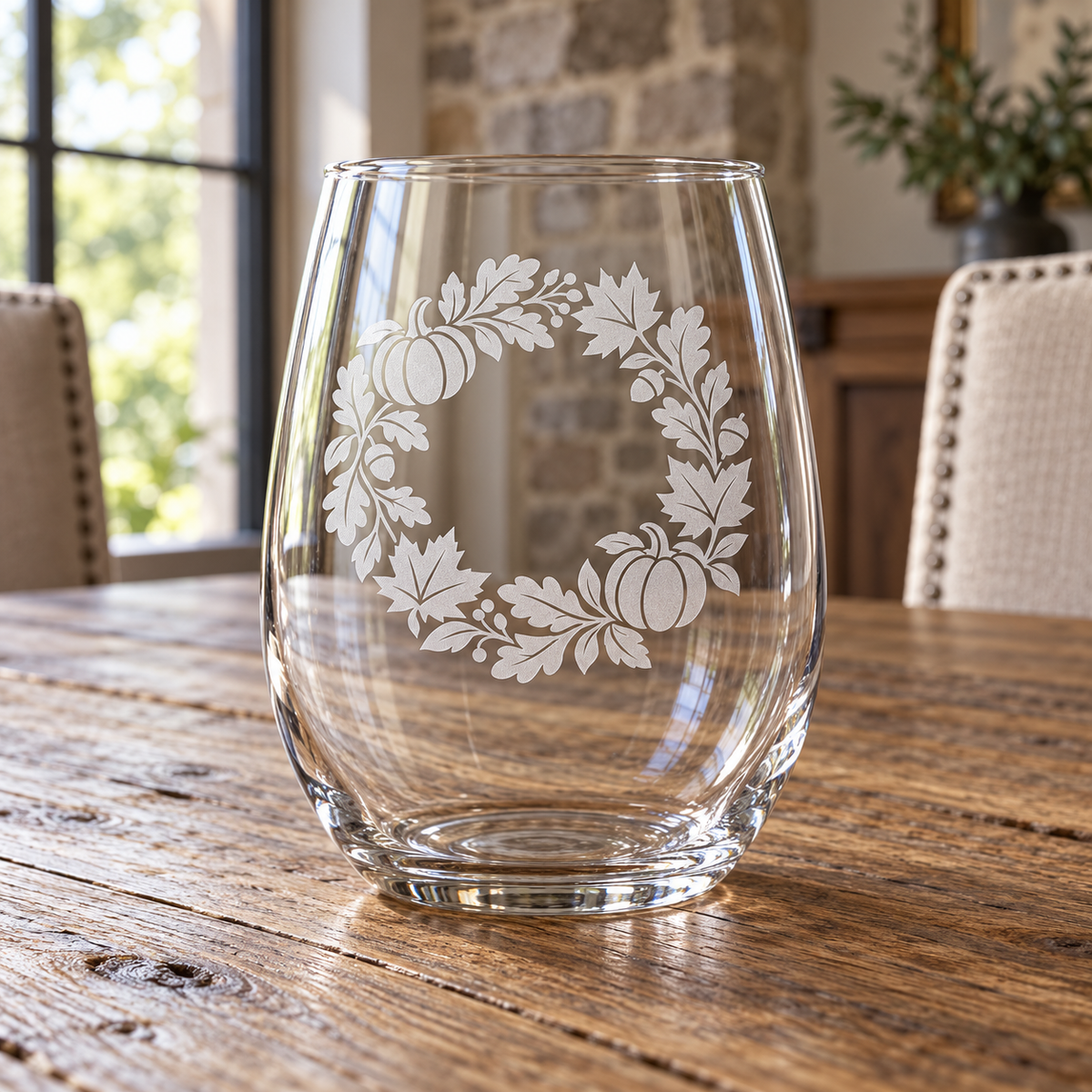 Fall Pumpkin Wreath Etched Stemless Wine Glass by Expressive DeZien with permanent sandblasted artwork