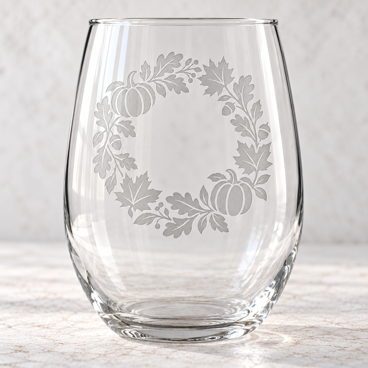 Fall Pumpkin Wreath Etched Stemless Wine Glass by Expressive DeZien with permanent sandblasted artwork
