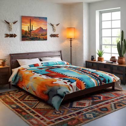Southwest Geometric Comforter | Teal Red and Orange Tribal Print | Expressive DeZien
