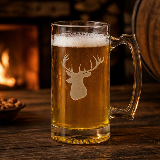 Etched Tavern Beer Mug 26.5oz | Buck Mount Head | Deep Carved Sandblasted Glass | Expressive DeZien