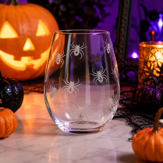 Etched Stemless Wine Glass 20.5oz | Spiders | Deep Carved Sandblasted Glass | Expressive DeZien