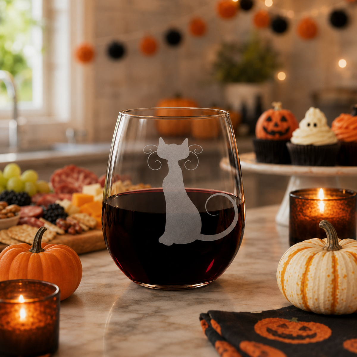 Cat Etched Stemless Wine Glass by Expressive DeZien with permanent sandblasted artwork