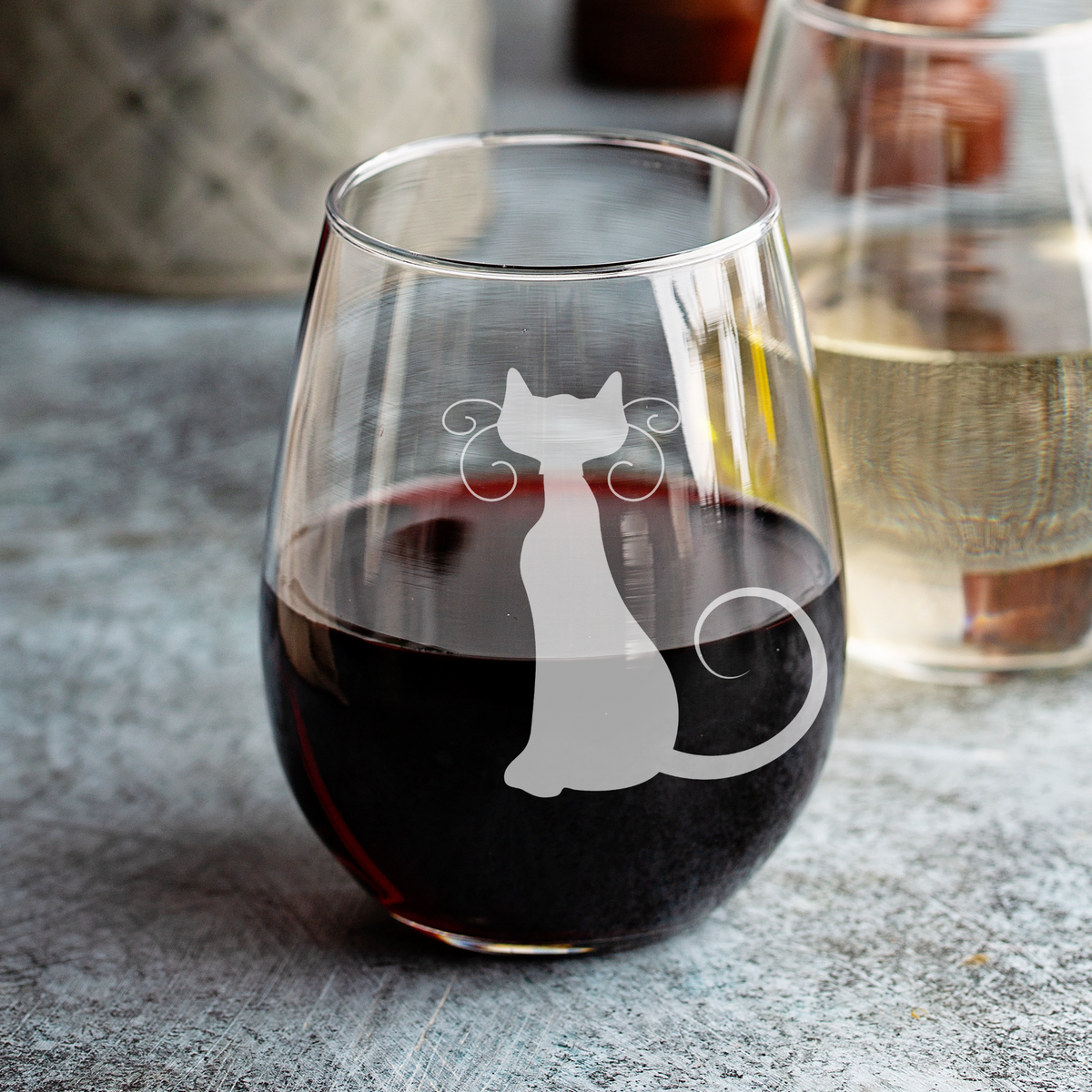 Cat Etched Stemless Wine Glass by Expressive DeZien with permanent sandblasted artwork