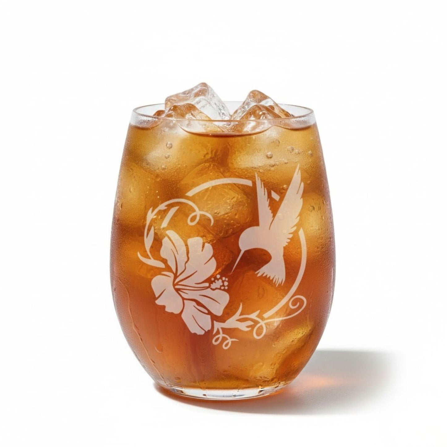 Hummingbird Hibiscus Stemless Wine Glass Sandblasted - Expressive DeZien