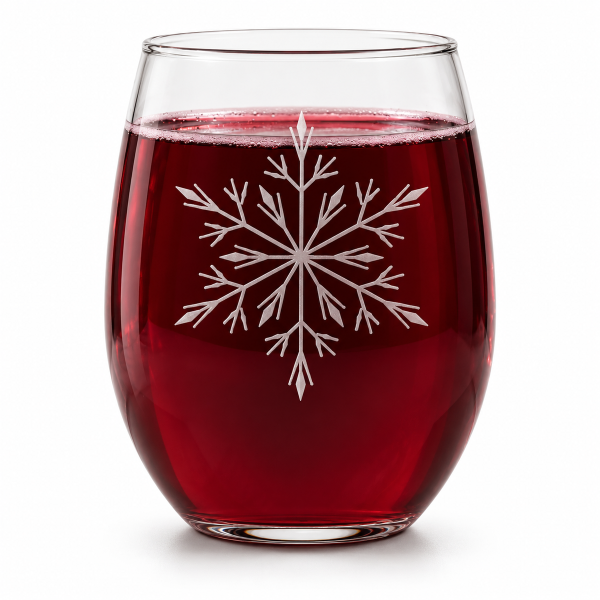 Ice Queen Snowflake Etched Stemless Wine Glass by Expressive DeZien with permanent sandblasted artwork