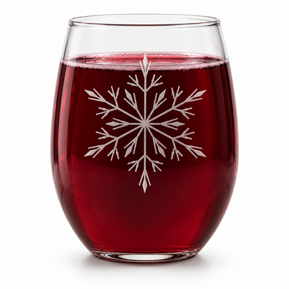 Ice Queen Snowflake Etched Stemless Wine Glass by Expressive DeZien with permanent sandblasted artwork