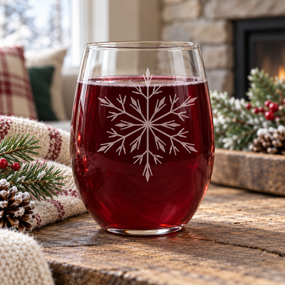 Ice Queen Snowflake Etched Stemless Wine Glass by Expressive DeZien with permanent sandblasted artwork
