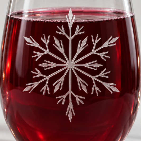 Ice Queen Snowflake Etched Stemless Wine Glass by Expressive DeZien with permanent sandblasted artwork