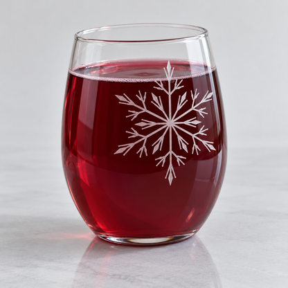 Ice Queen Snowflake Etched Stemless Wine Glass by Expressive DeZien with permanent sandblasted artwork