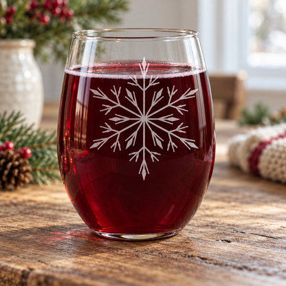 Ice Queen Snowflake Etched Stemless Wine Glass by Expressive DeZien with permanent sandblasted artwork