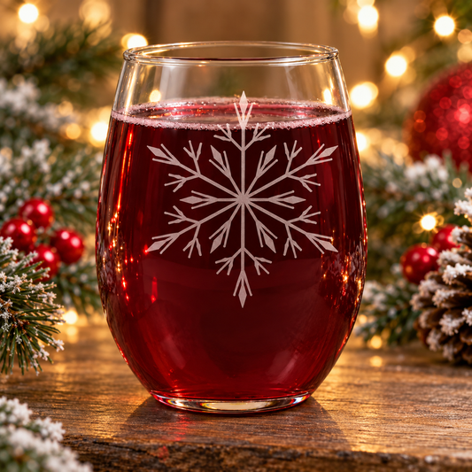 Ice Queen Snowflake Etched Stemless Wine Glass by Expressive DeZien with permanent sandblasted artwork