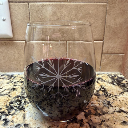 Ice Queen Snowflake Etched Stemless Wine Glass by Expressive DeZien with permanent sandblasted artwork
