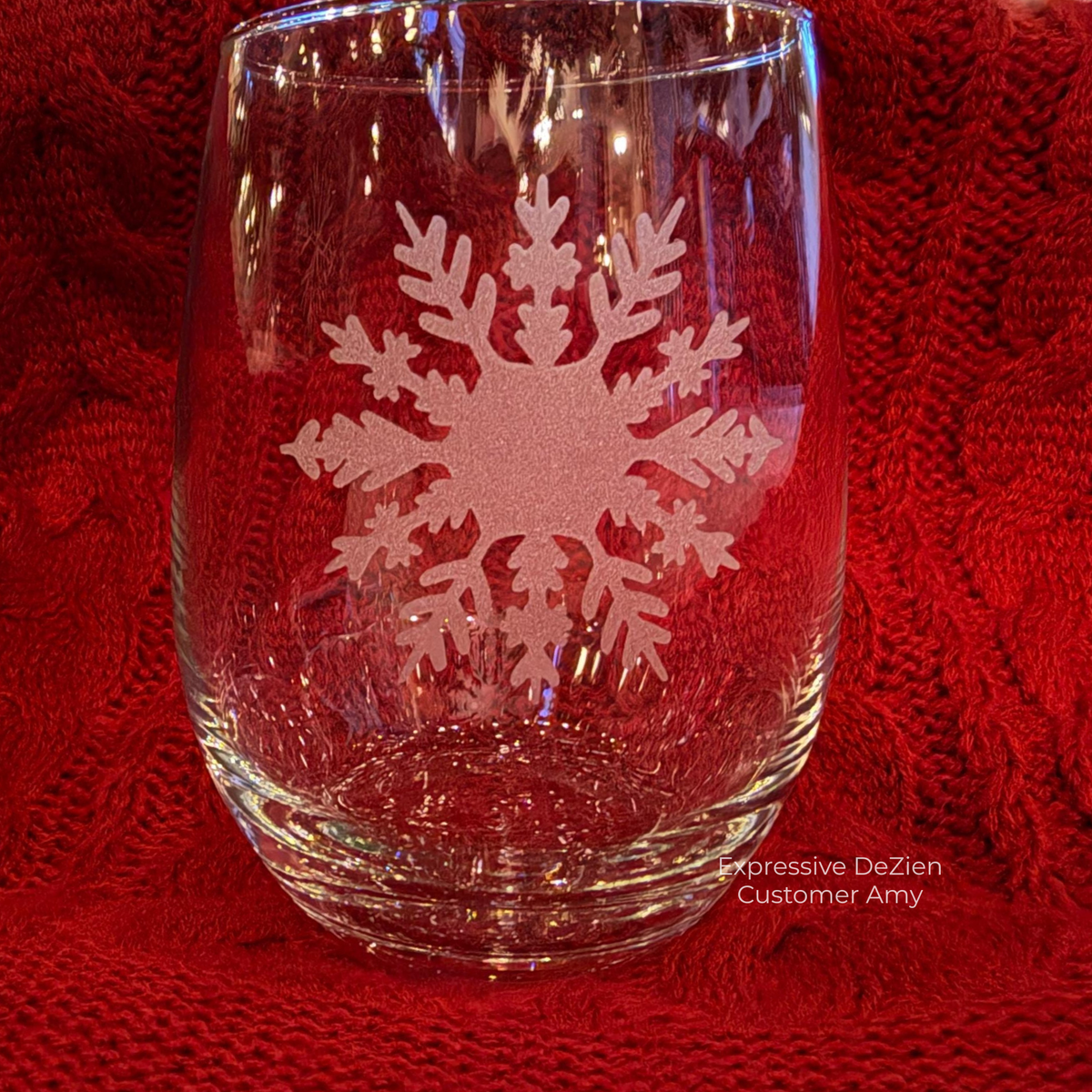 Ice Queen Snowflake Etched Stemless Wine Glass by Expressive DeZien with permanent sandblasted artwork