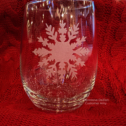 Ice Queen Snowflake Etched Stemless Wine Glass by Expressive DeZien with permanent sandblasted artwork