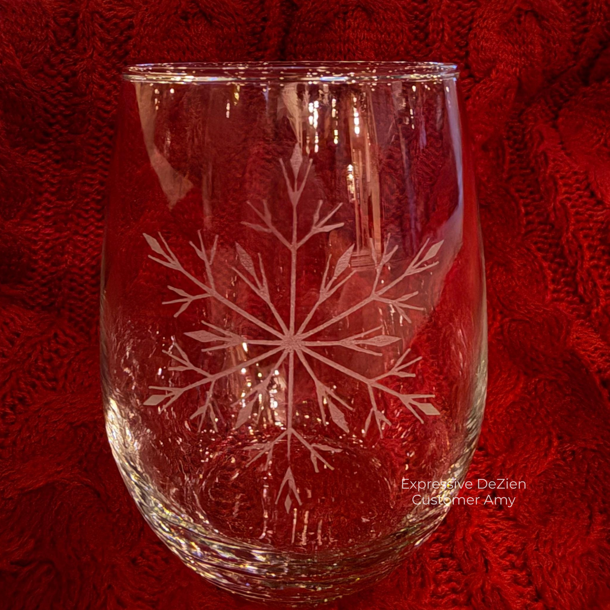 Ice Queen Snowflake Etched Stemless Wine Glass by Expressive DeZien with permanent sandblasted artwork