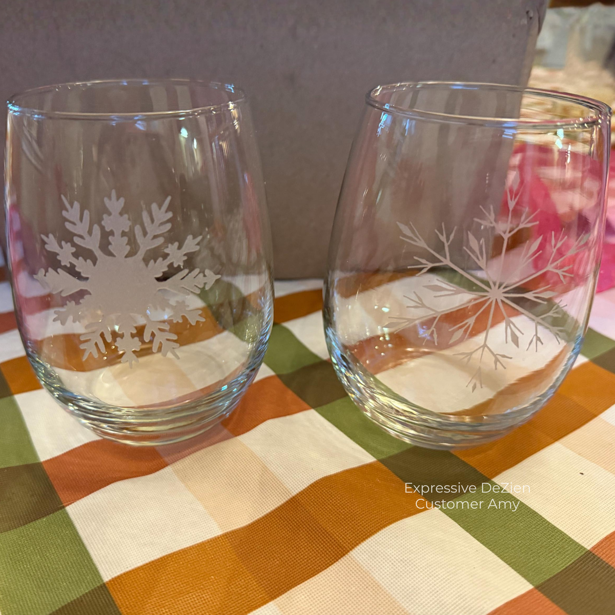Ice Queen Snowflake Etched Stemless Wine Glass by Expressive DeZien with permanent sandblasted artwork