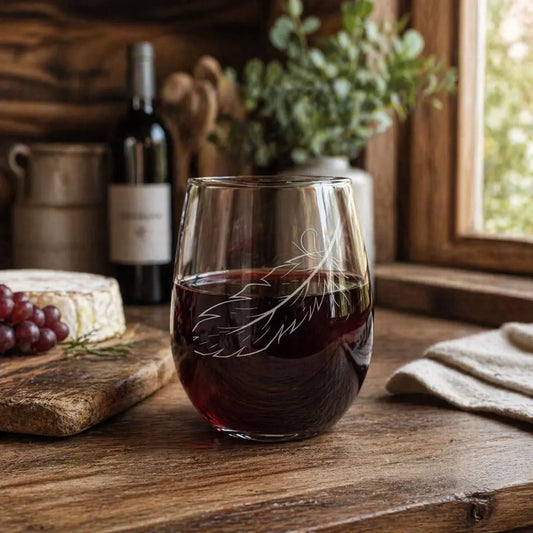 Feather Etched Stemless Wine Glass | 20.5 oz