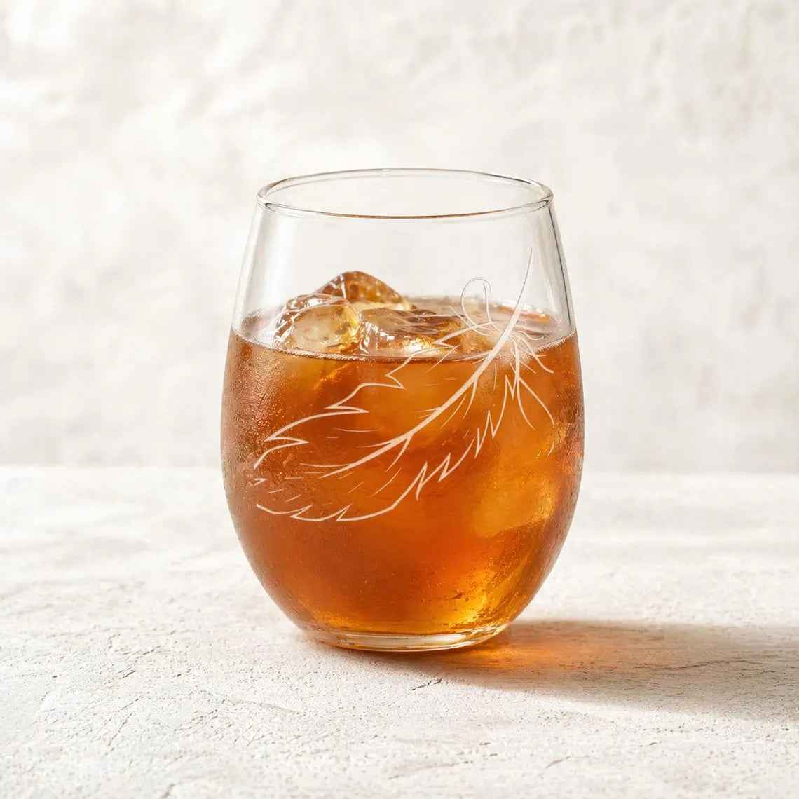 Etched Stemless Wine Glass 20.5oz | Personalized Feather | Deep Carved Sandblasted Glass | Expressive DeZien