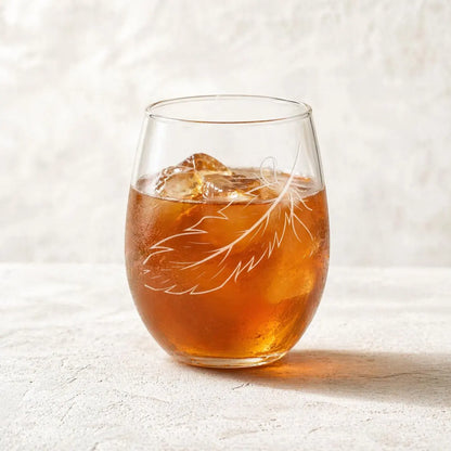 Etched Stemless Wine Glass 20.5oz | Personalized Feather | Deep Carved Sandblasted Glass | Expressive DeZien