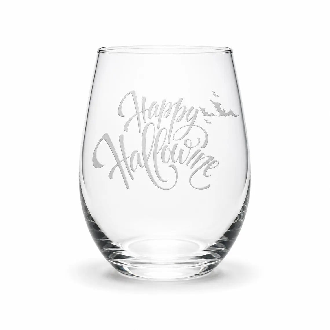 Etched Stemless Wine Glass 20.5oz | Happy HalloWINE with Bats | Deep Carved Sandblasted Glass | Expressive DeZien