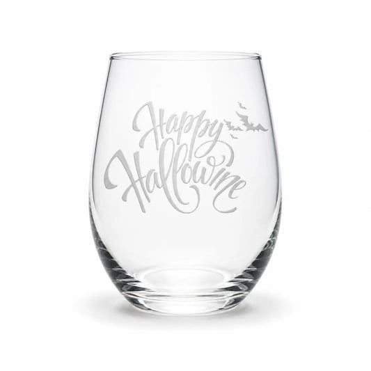 Etched Stemless Wine Glass 20.5oz | Happy HalloWINE with Bats | Deep Carved Sandblasted Glass | Expressive DeZien