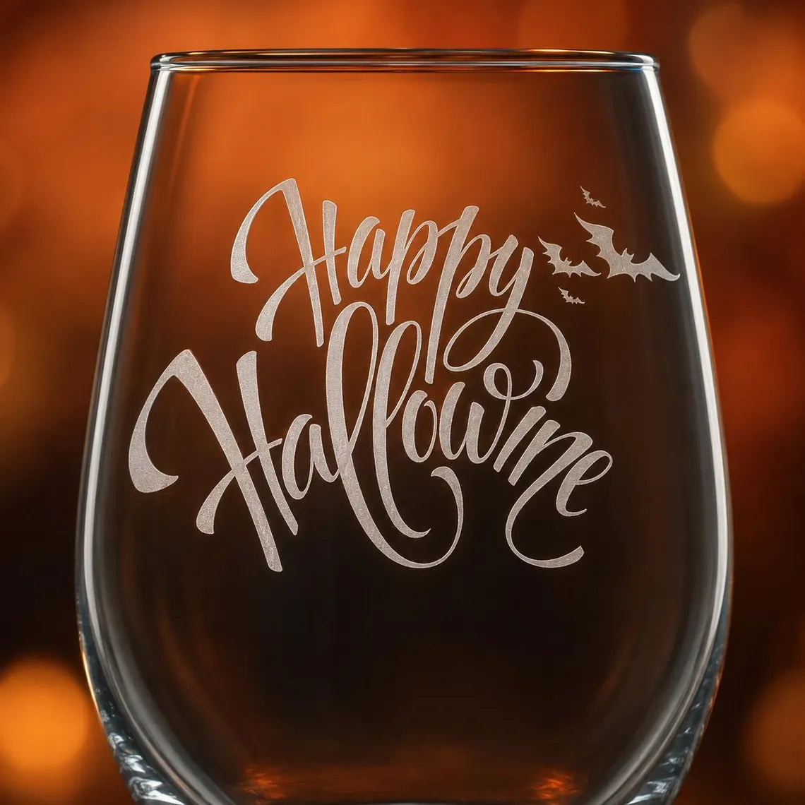 Etched Stemless Wine Glass 20.5oz | Happy HalloWINE with Bats | Deep Carved Sandblasted Glass | Expressive DeZien