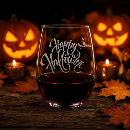 Etched Stemless Wine Glass 20.5oz | Happy HalloWINE with Bats | Deep Carved Sandblasted Glass | Expressive DeZien