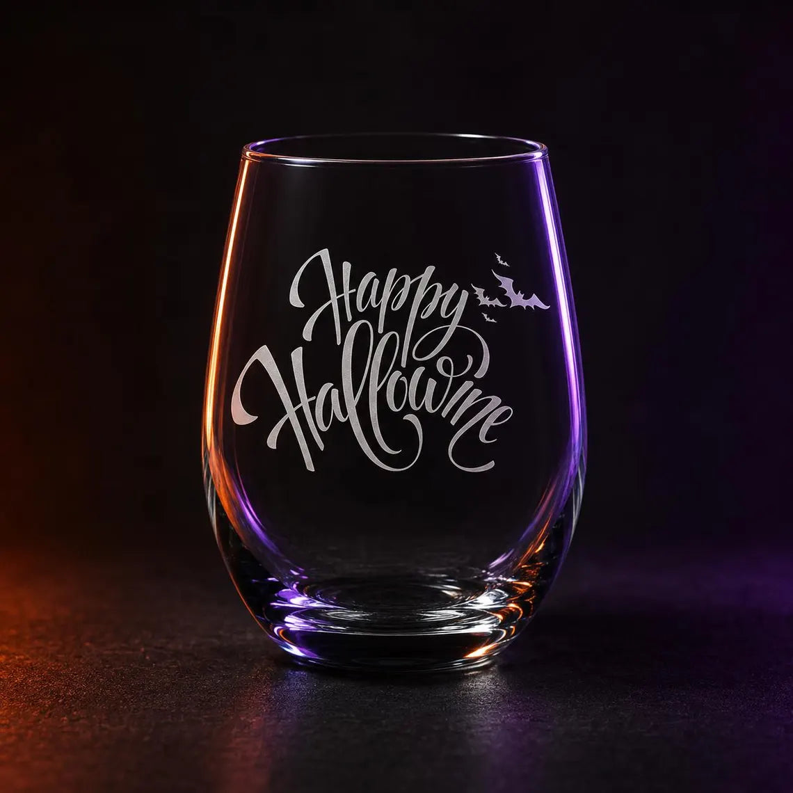 Etched Stemless Wine Glass 20.5oz | Happy HalloWINE with Bats | Deep Carved Sandblasted Glass | Expressive DeZien