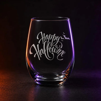 Etched Stemless Wine Glass 20.5oz | Happy HalloWINE with Bats | Deep Carved Sandblasted Glass | Expressive DeZien
