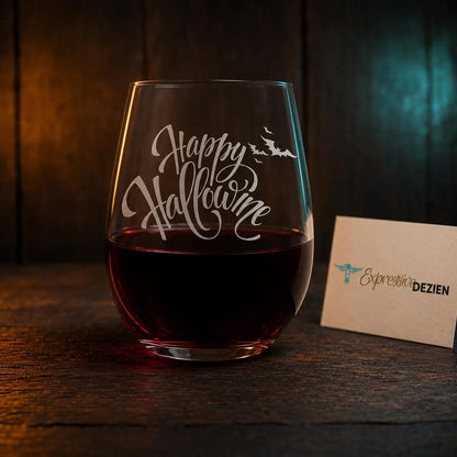 Etched Stemless Wine Glass 20.5oz | Happy HalloWINE with Bats | Deep Carved Sandblasted Glass | Expressive DeZien