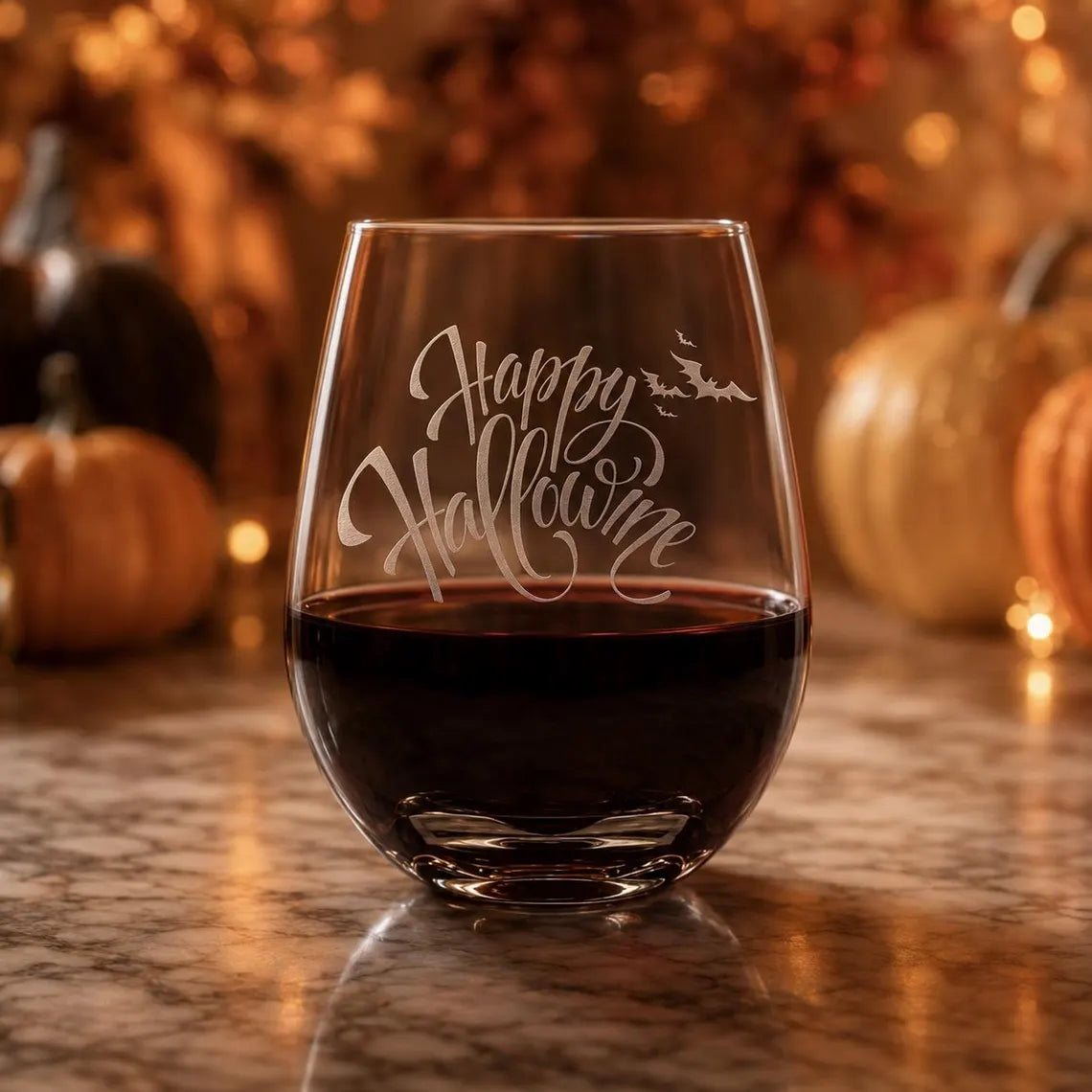 Etched Stemless Wine Glass 20.5oz | Happy HalloWINE with Bats | Deep Carved Sandblasted Glass | Expressive DeZien
