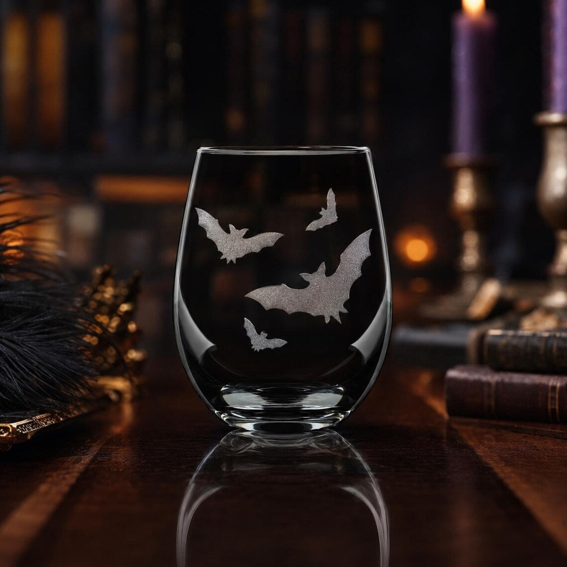 Etched Stemless Wine Glass 20.5oz | Halloween Bat! Bats! Bats! | Deep Carved Sandblasted Glass | Expressive DeZien