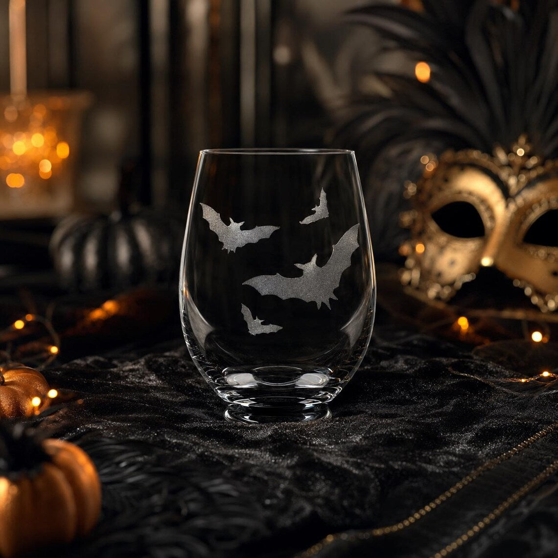 Etched Stemless Wine Glass 20.5oz | Halloween Bat! Bats! Bats! | Deep Carved Sandblasted Glass | Expressive DeZien
